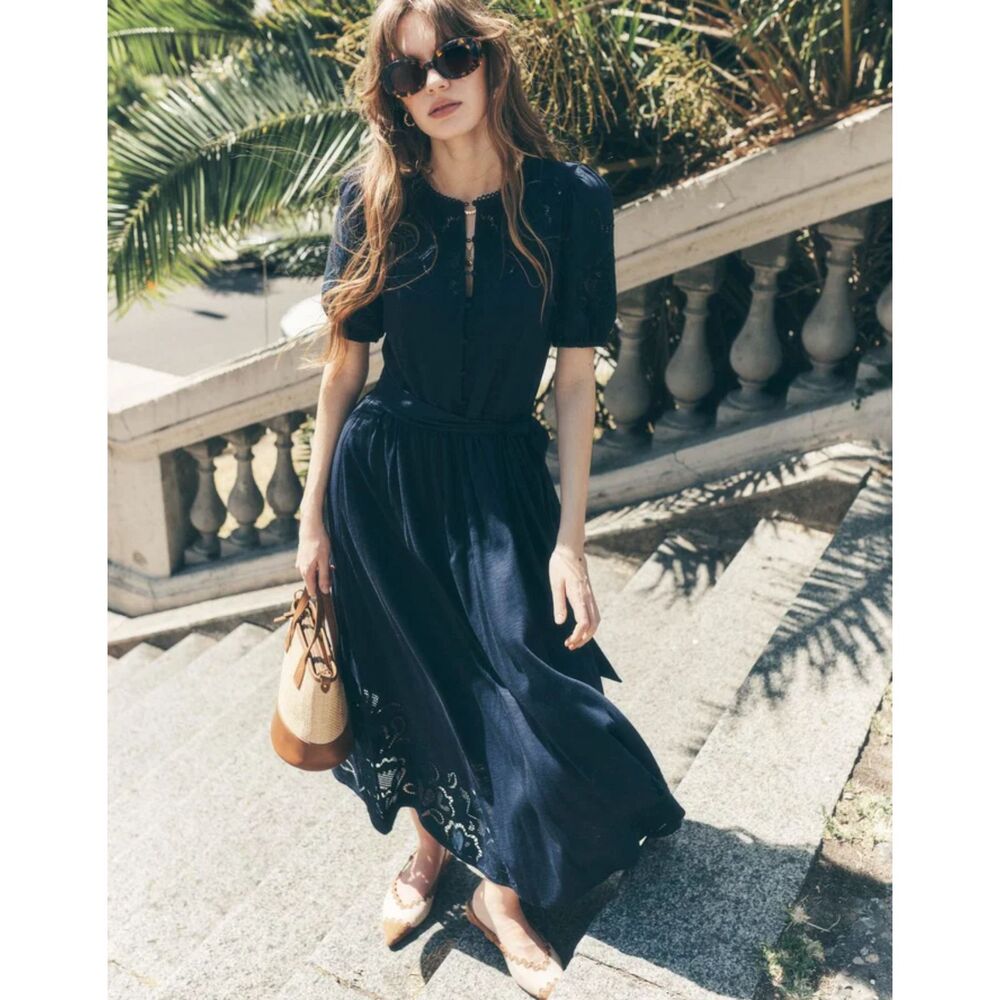 VGUC Boden Cutwork Detail Midi Dress-Navy, US 6R
